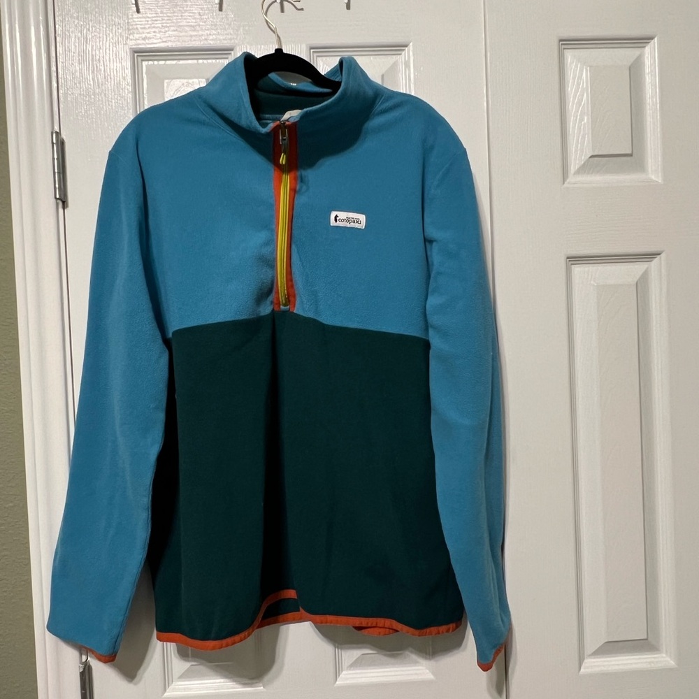 Cotopaxi Blue and Green Zip Up Sweater